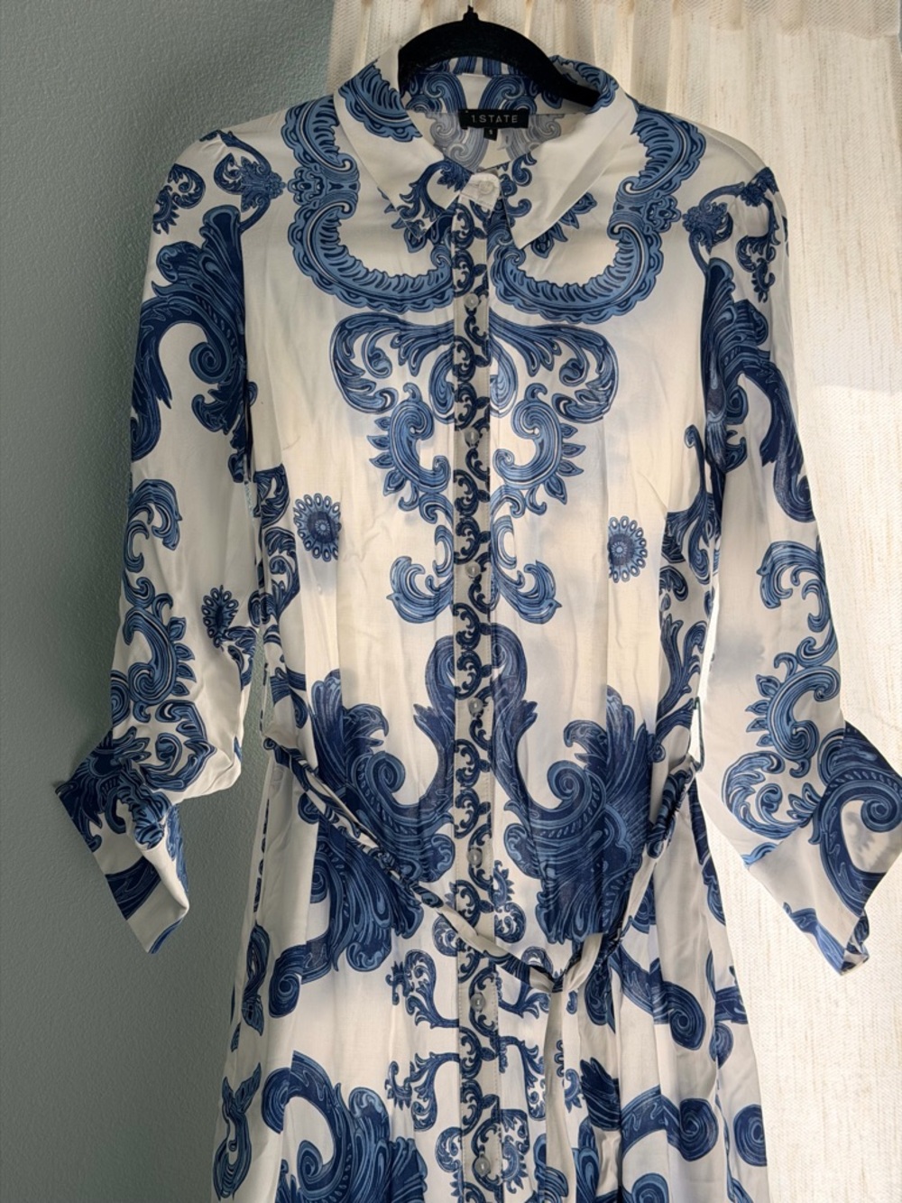 1. State Blue and White Printed Maxi Shirt Dress - Picture 3 of 7